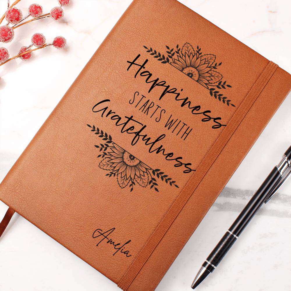 Happiness Starts with Gratefulness Personalized Leather Gratitude Journal