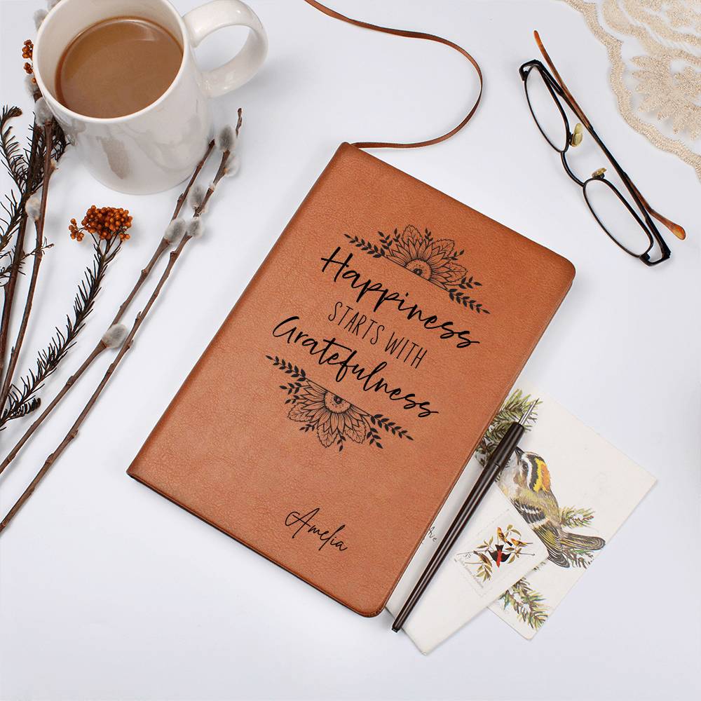 Happiness Starts with Gratefulness Personalized Leather Gratitude Journal