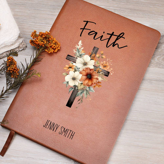 Faith Personalized Leather Journal, Floral Cross Christian Journal, Personalized Leather Prayer Journal, Devotional Journal for Women