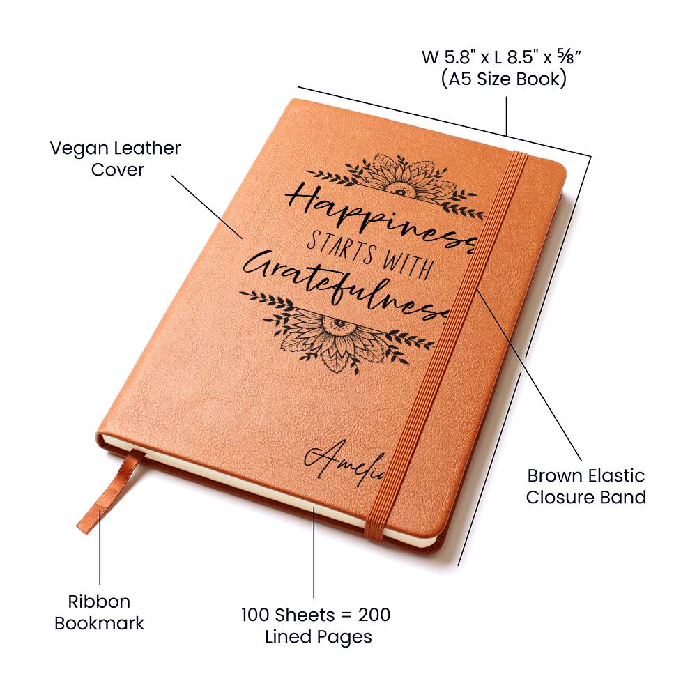 Happiness Starts with Gratefulness Personalized Leather Gratitude Journal