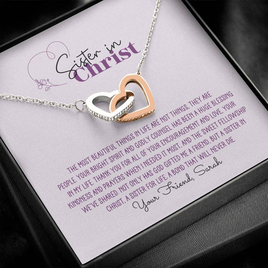 Sister in Christ Personalized Interlocking Hearts Necklace - Purple