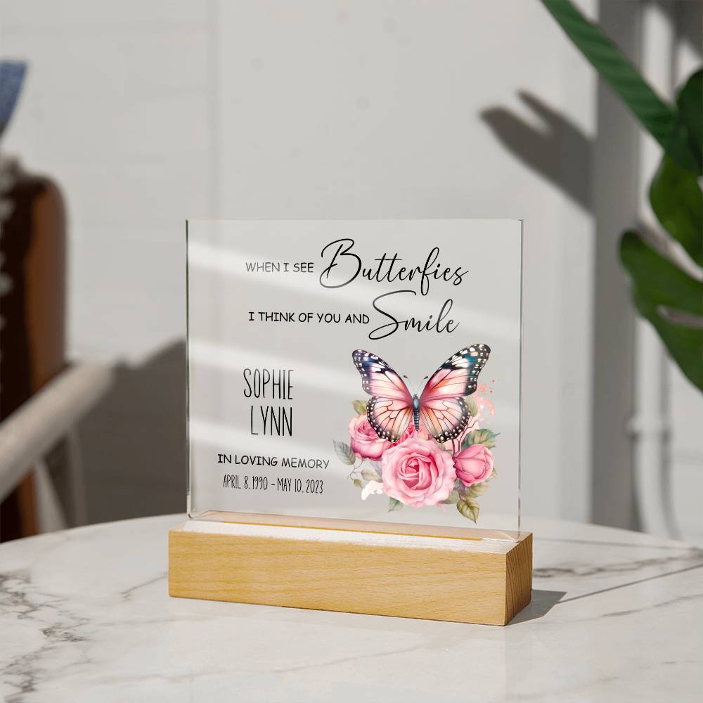 Pink Floral Butterfly Personalized Memorial Plaque