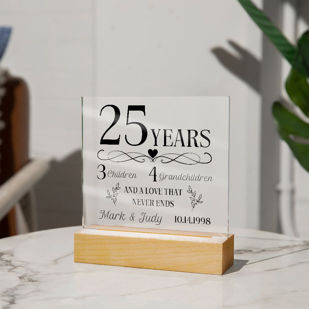 25 Year Anniversary Never Ending Love Personalized Acrylic Plaque
