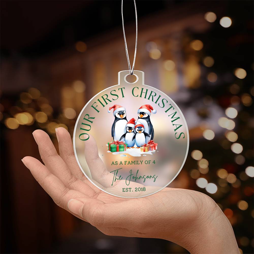 Our First Christmas as Family of 4 Personalized Acrylic Ornament - Penguins