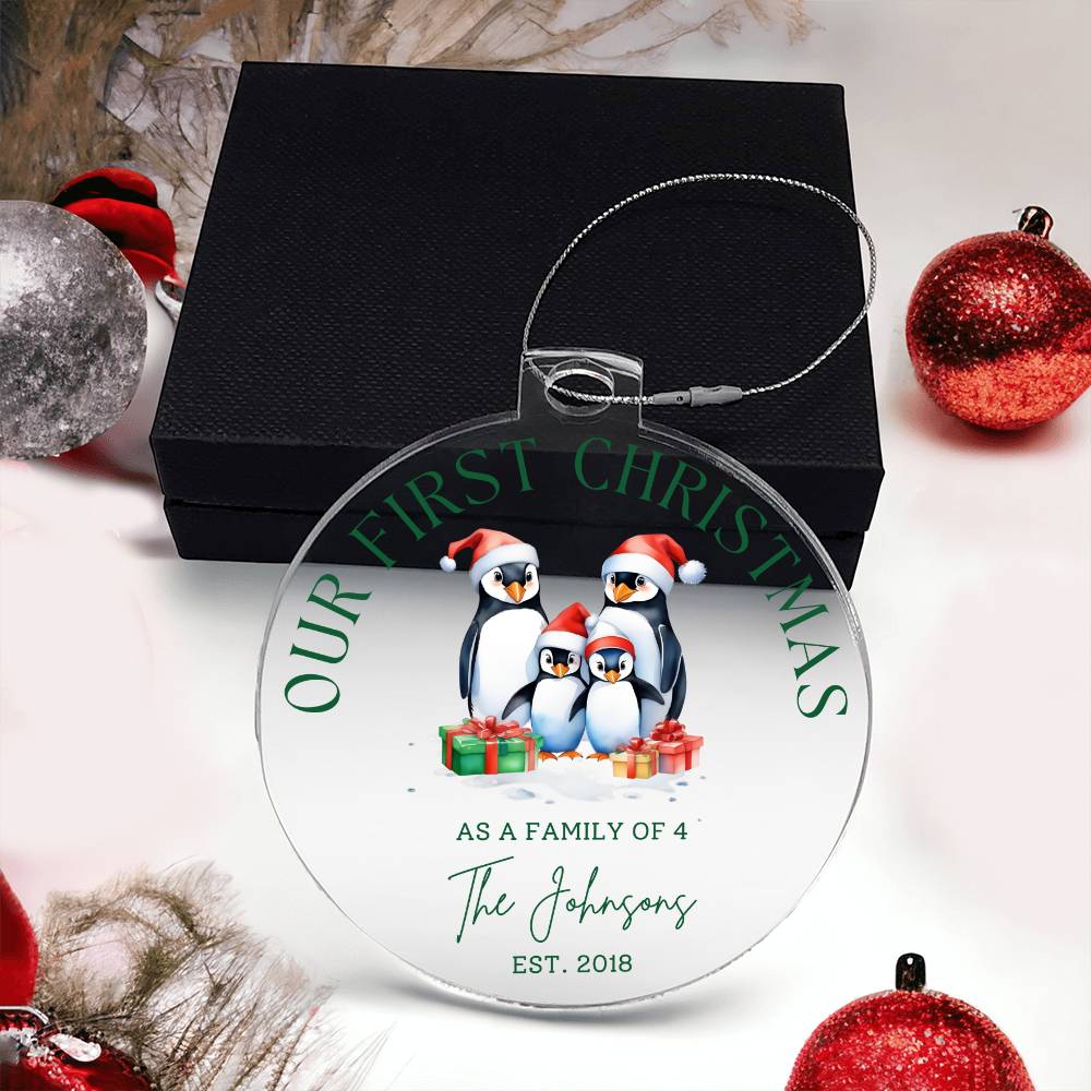 Our First Christmas as Family of 4 Personalized Acrylic Ornament - Penguins