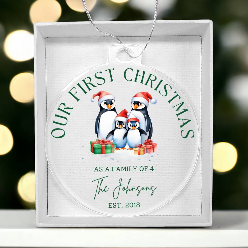 Our First Christmas as Family of 4 Personalized Acrylic Ornament - Penguins