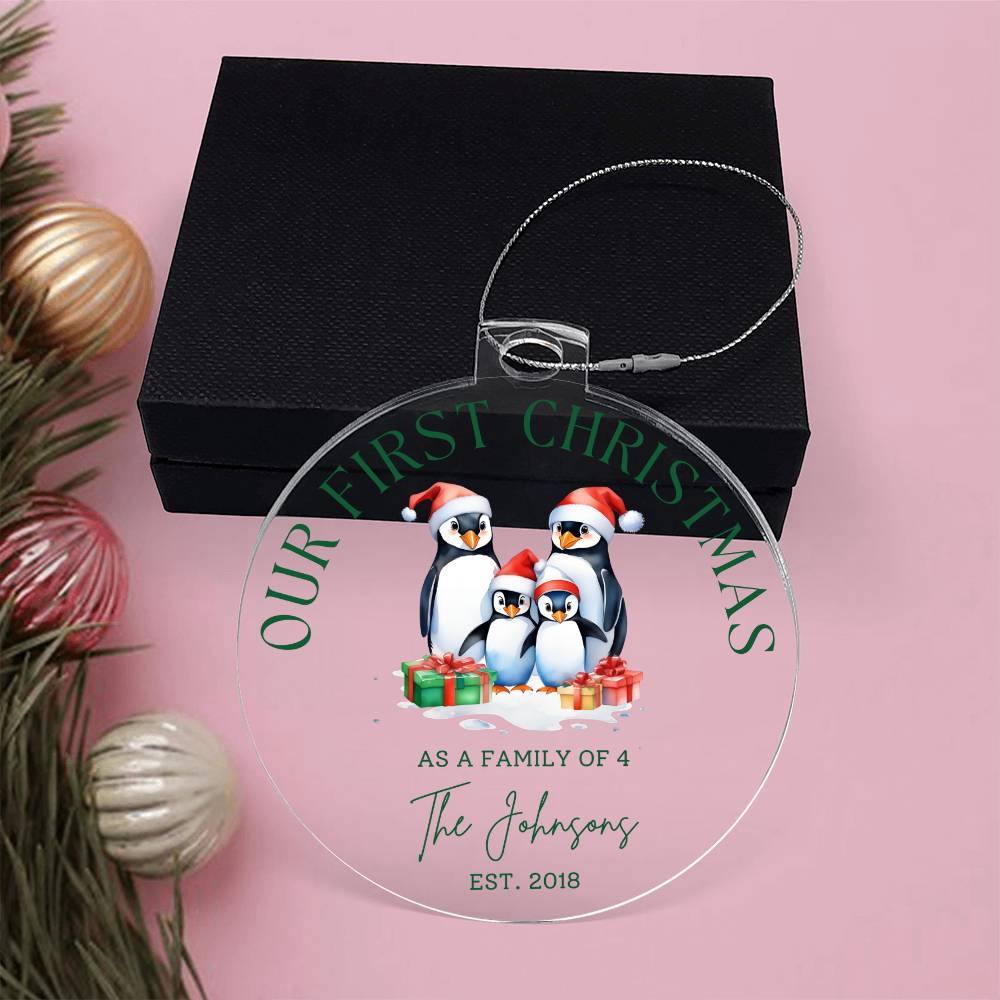 Our First Christmas as Family of 4 Personalized Acrylic Ornament - Penguins