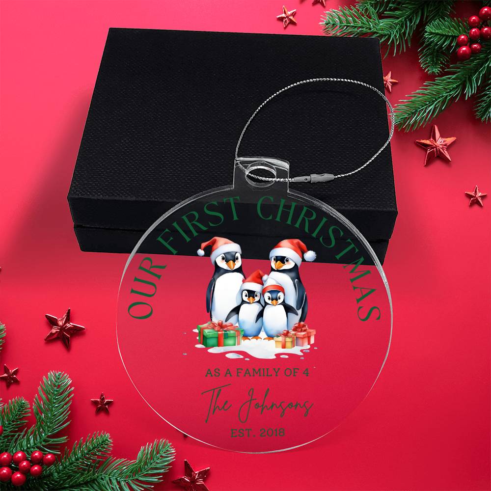 Our First Christmas as Family of 4 Personalized Acrylic Ornament - Penguins