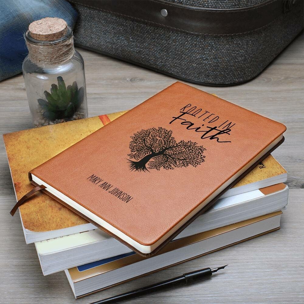 Personalized Leather Journal for Christian Women Rooted in Faith Custom Leather Notebook Prayer Journal for Women Faith Gifts Name Journal